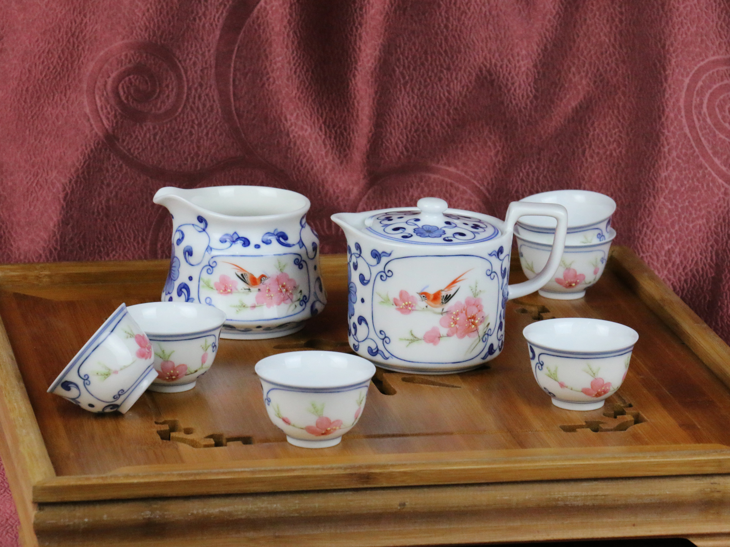 8头青花斗彩功夫茶具 水点桃花